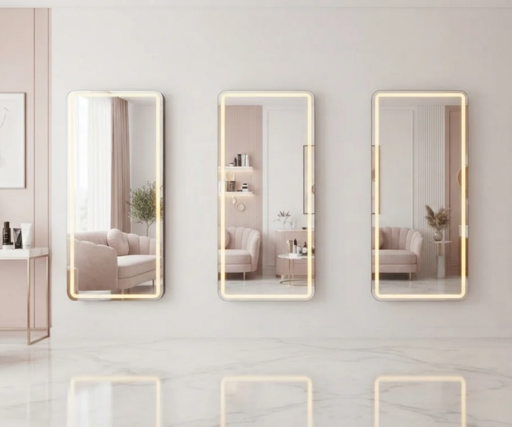 Modern LED Illuminated Rectangular Salon and Dressing Mirror with Rounded Corners