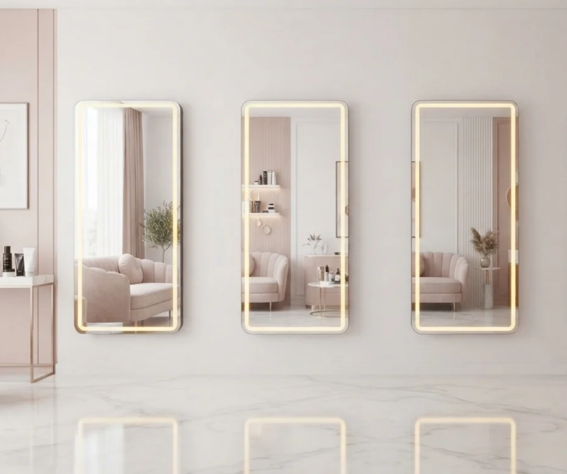 Modern LED Illuminated Rectangular Salon and Dressing Mirror with Rounded Corners
