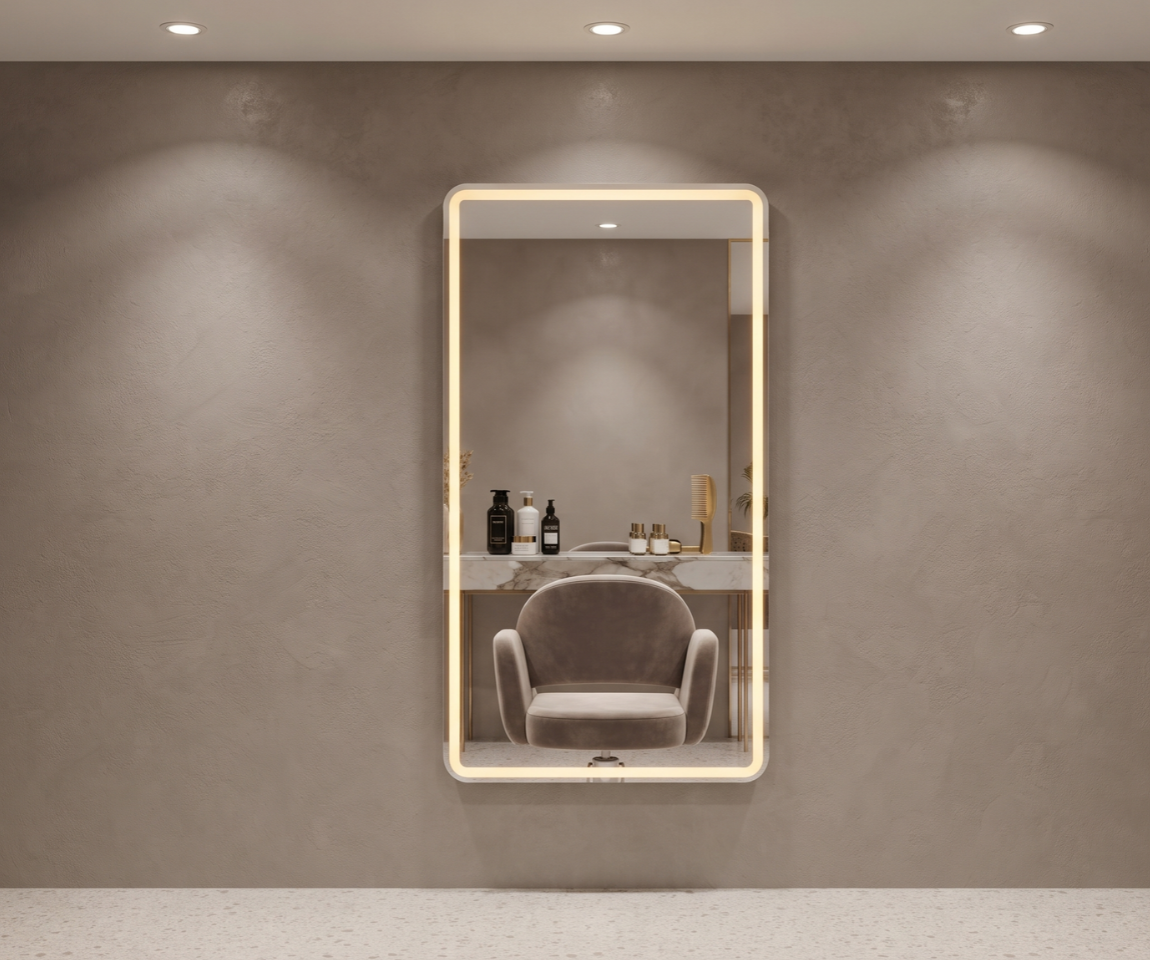 Modern LED Illuminated Rectangular Salon and Dressing Mirror with Rounded Corners