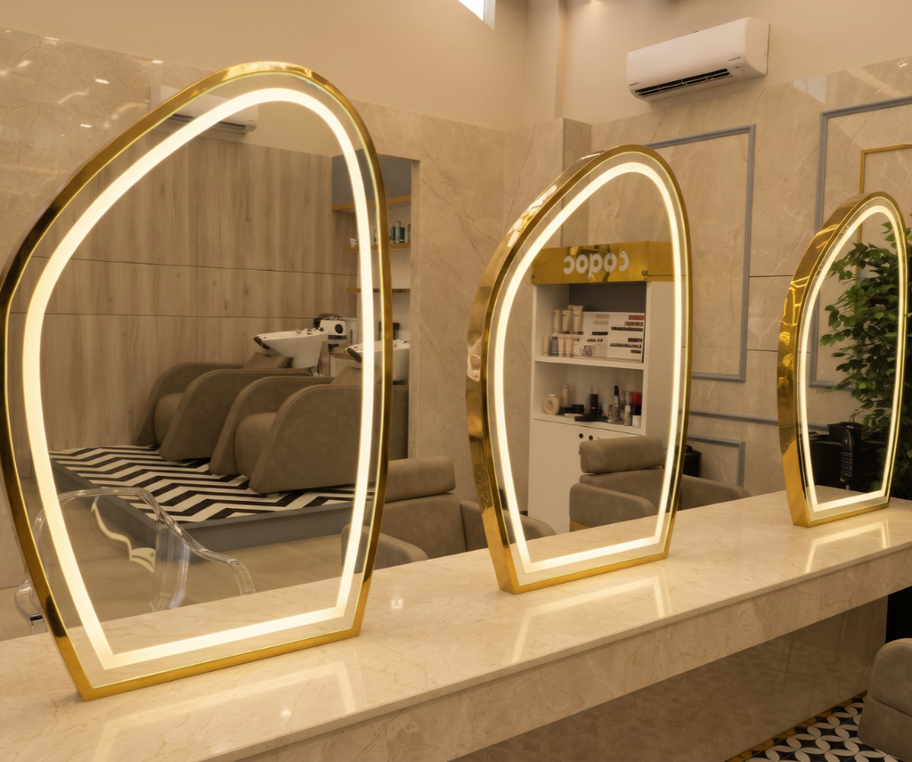 Modern Asymmetric Gold Framed LED Salon Mirror