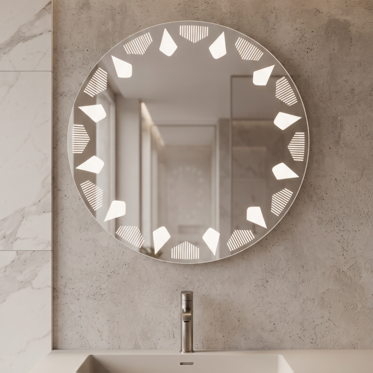 Modern Round Frameless LED Wall Mirror with Geometric Illuminated Pattern