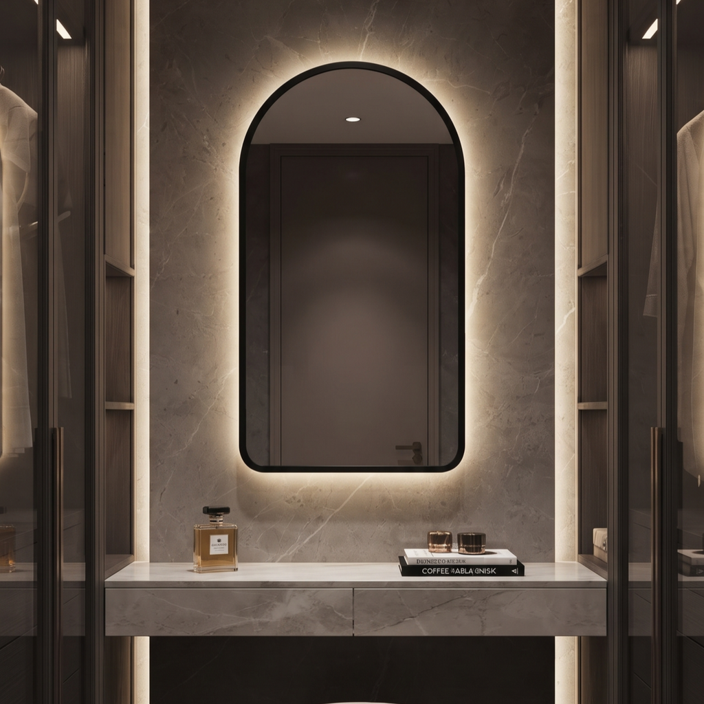 Arched Framed LED Mirror with Backlit Illumination – Modern Interior Design