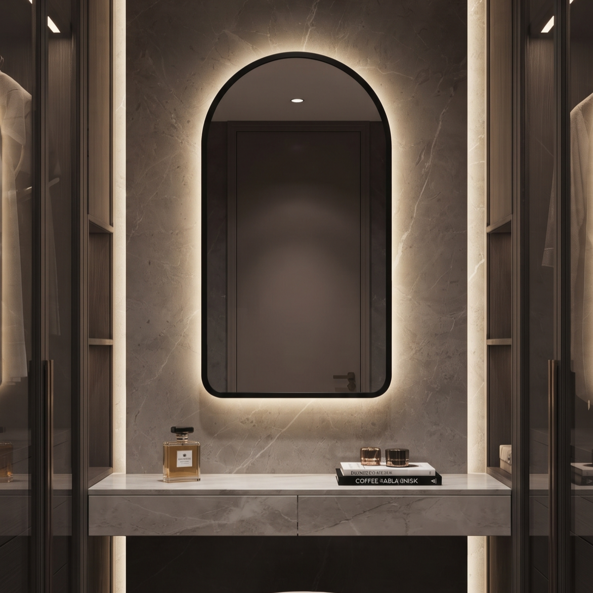 Arched Framed LED Mirror with Backlit Illumination – Modern Interior Design