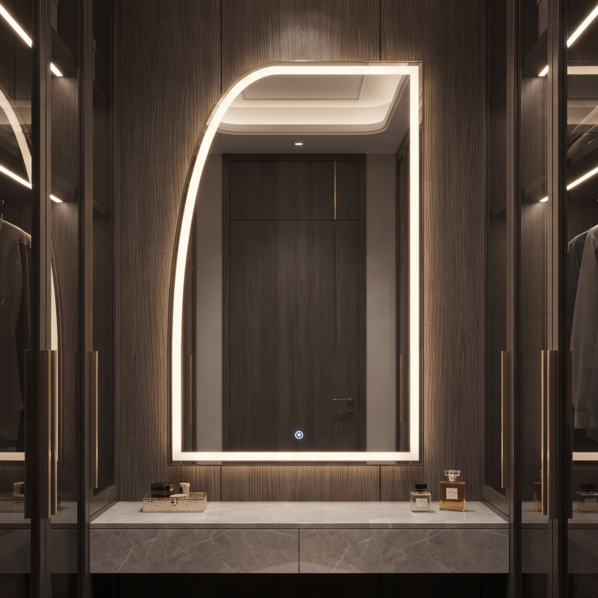 Asymmetric Framed LED Mirror with Backlit Illumination