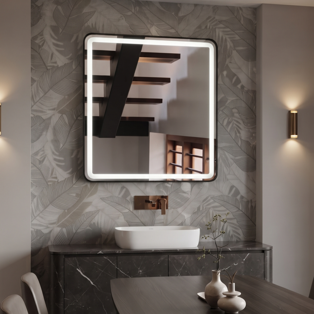 Square Framed LED Mirror with Integrated Front Light Lighting – Modern Interior Design