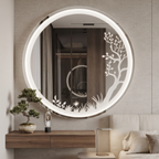 Modern Round Frameless LED Wall Mirror with Nature-Inspired Etched Illumination | Decorative Vanity & Bathroom Mirro
