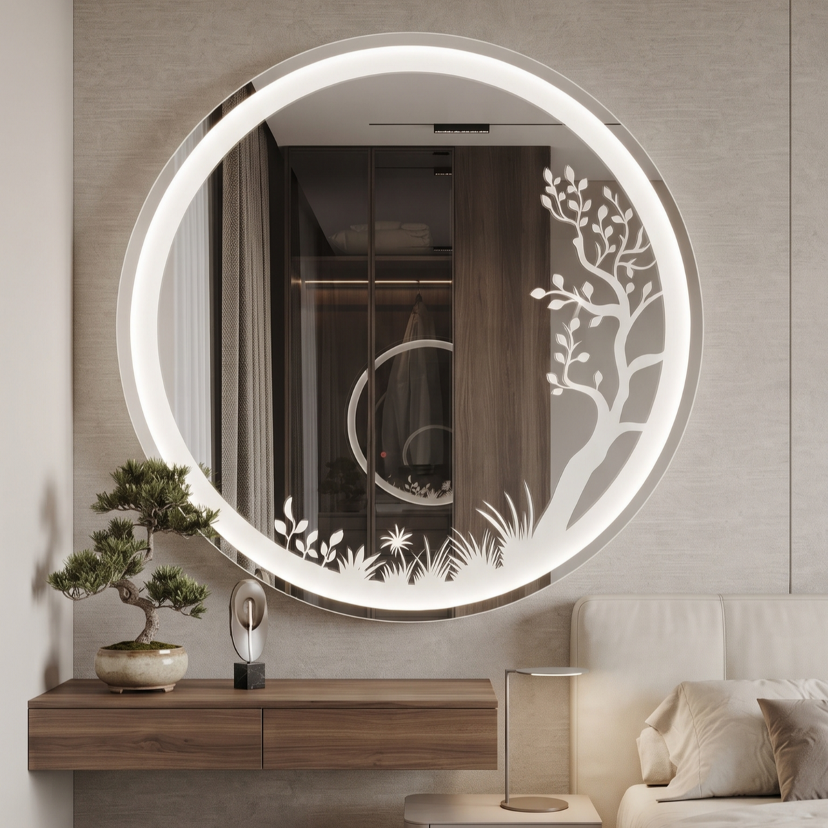 Modern Round Frameless LED Wall Mirror with Nature-Inspired Etched Illumination | Decorative Vanity & Bathroom Mirro