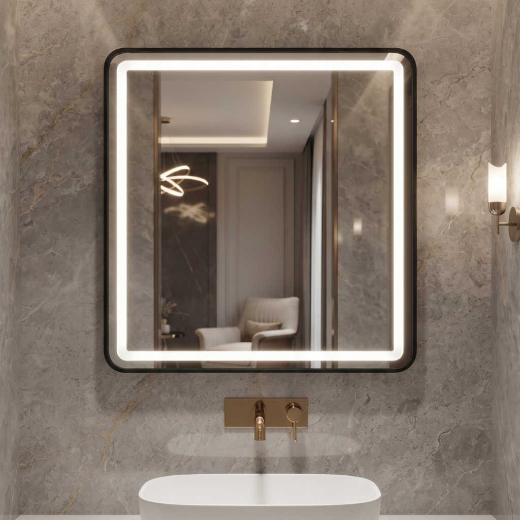 Square Framed LED Mirror with Integrated Front Light Lighting – Modern Interior Design