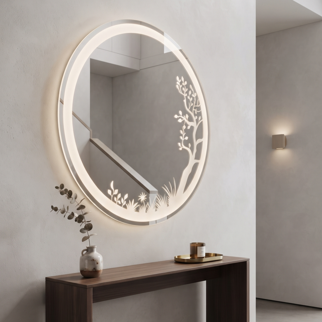 Modern Round Frameless LED Wall Mirror with Nature-Inspired Etched Illumination | Decorative Vanity & Bathroom Mirro