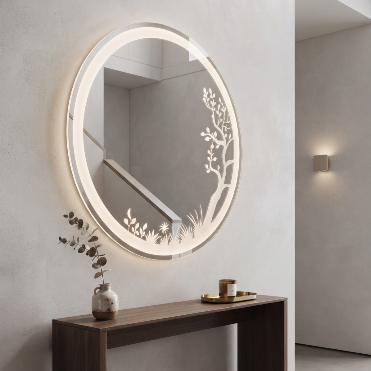 Modern Round Frameless LED Wall Mirror with Nature-Inspired Etched Illumination | Decorative Vanity & Bathroom Mirro
