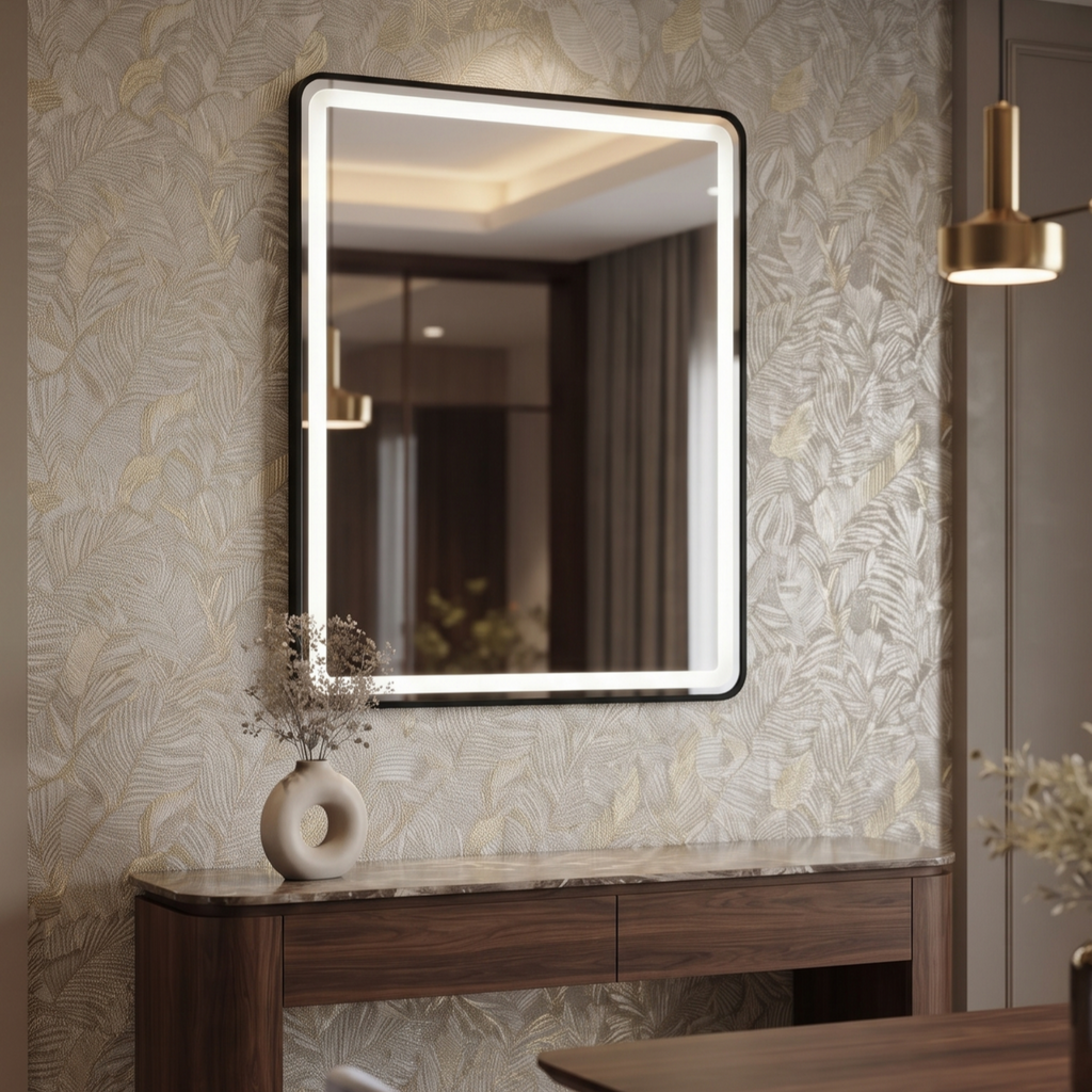 Square Framed LED Mirror with Integrated Front Light Lighting – Modern Interior Design