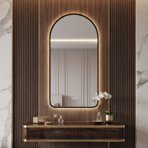 Arched Framed LED Mirror with Backlit Illumination – Modern Interior Design