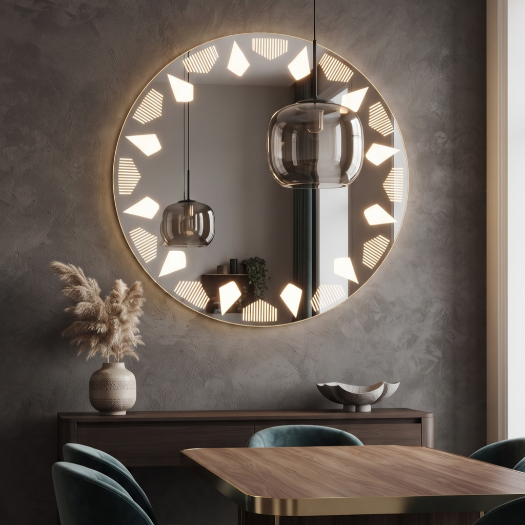 Modern Round Frameless LED Wall Mirror with Geometric Illuminated Pattern