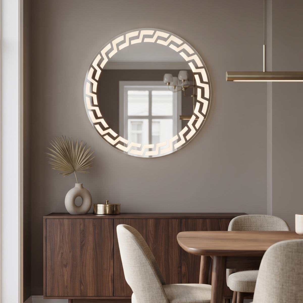 Modern Round Frameless LED Wall Mirror with Geometric Illuminated Pattern