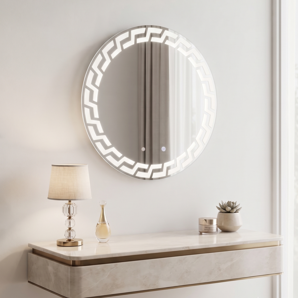 Modern Round Frameless LED Wall Mirror with Geometric Illuminated Pattern
