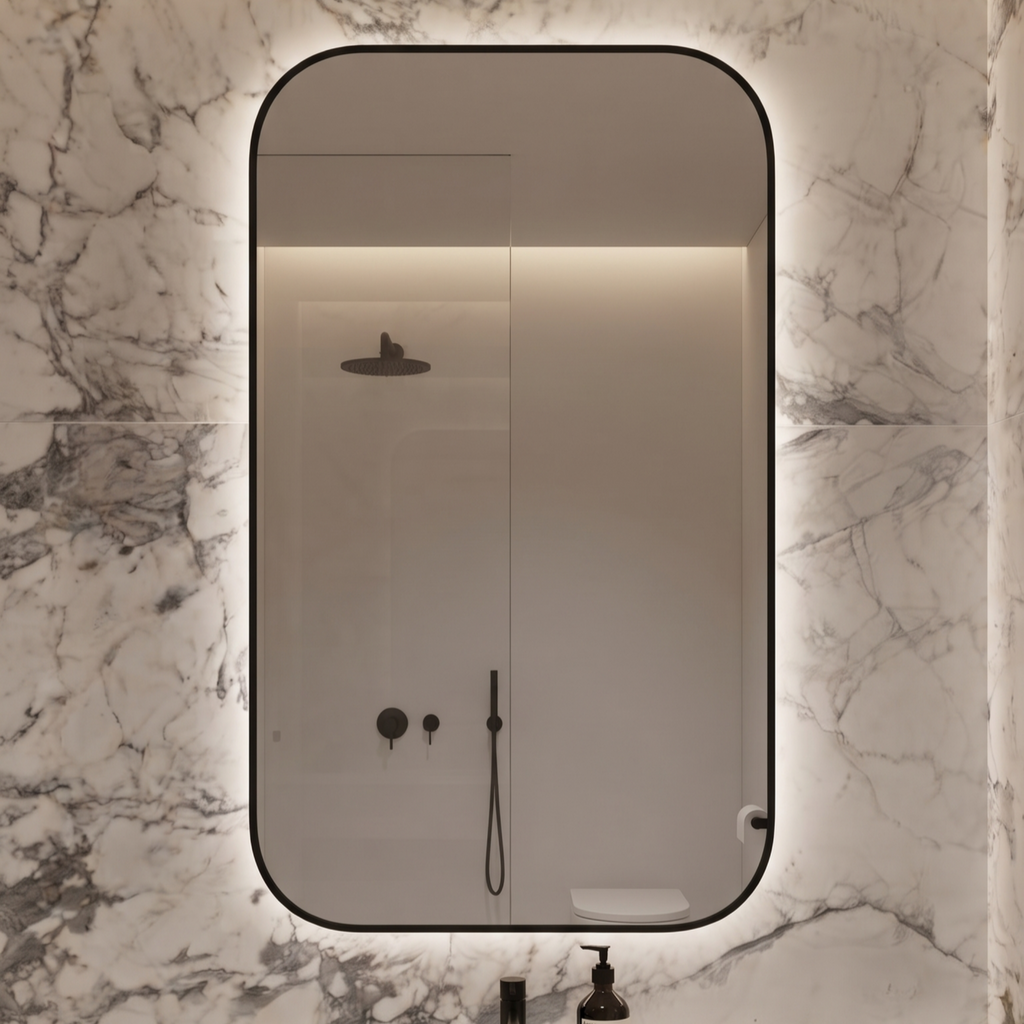 Rounded Rectangle Framed LED Mirror with Backlit Illumination – Modern ...