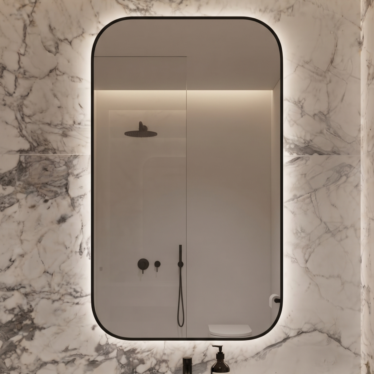 Rounded Rectangle Framed LED Mirror with Backlit Illumination – Modern Design
