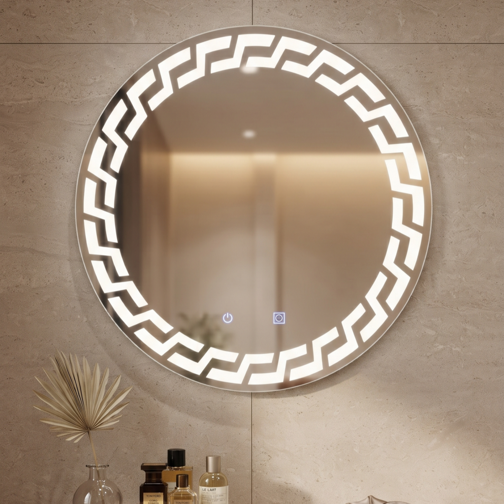 Modern Round Frameless LED Wall Mirror with Geometric Illuminated Pattern