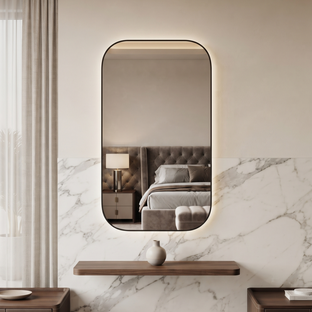 Rounded Rectangle Framed LED Mirror with Backlit Illumination – Modern Design