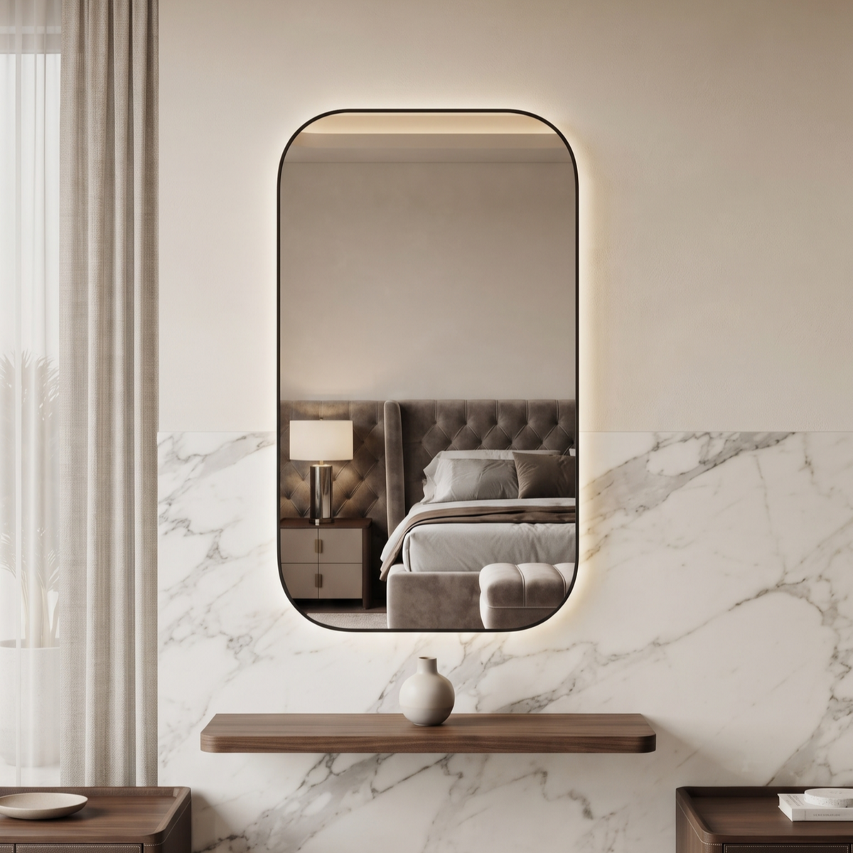 Rounded Rectangle Framed LED Mirror with Backlit Illumination – Modern Design