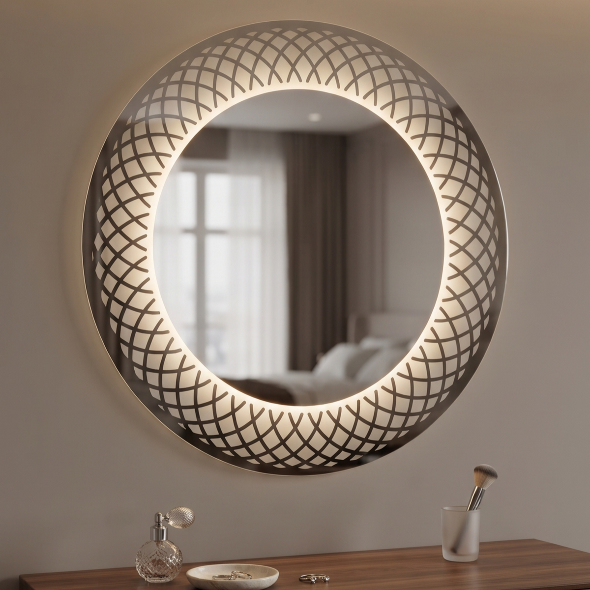 Circular Illuminated Mirror with Etched Lattice Pattern | LED Wall Mirror