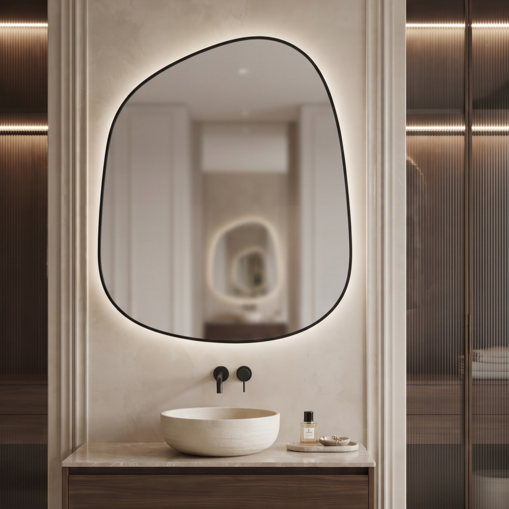 Irregular Framed LED Mirror with Backlit Illumination – Modern Interior Design