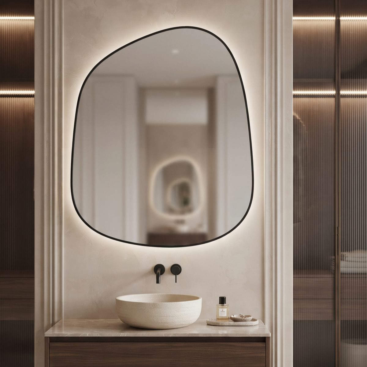 Irregular Framed LED Mirror with Backlit Illumination – Modern Interior Design
