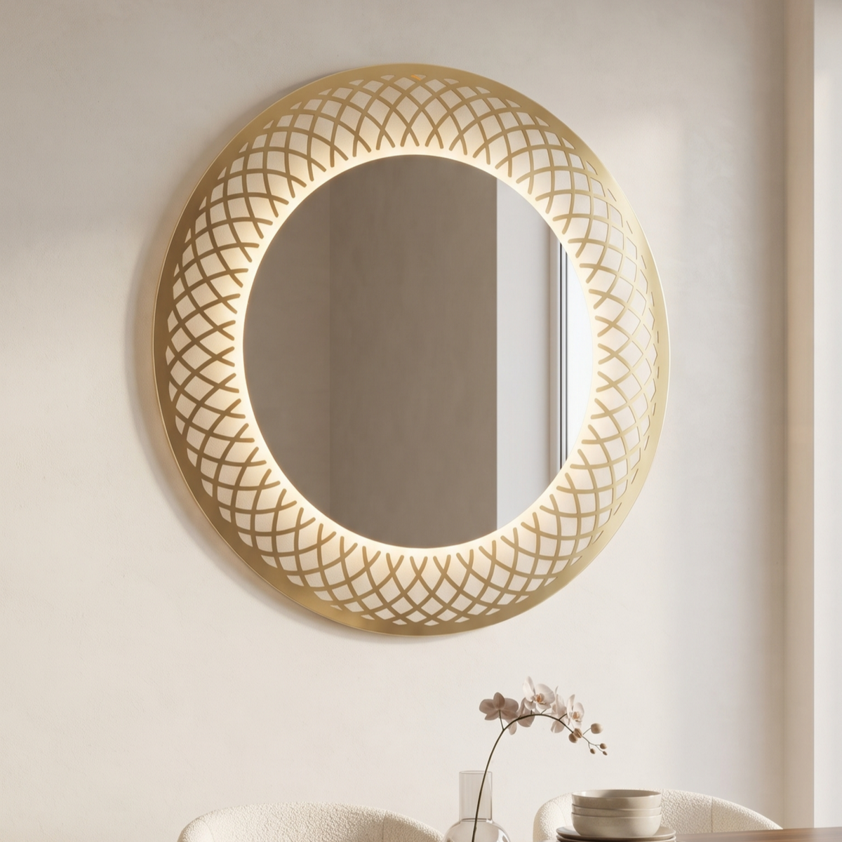 Circular Illuminated Mirror with Etched Lattice Pattern | LED Wall Mirror