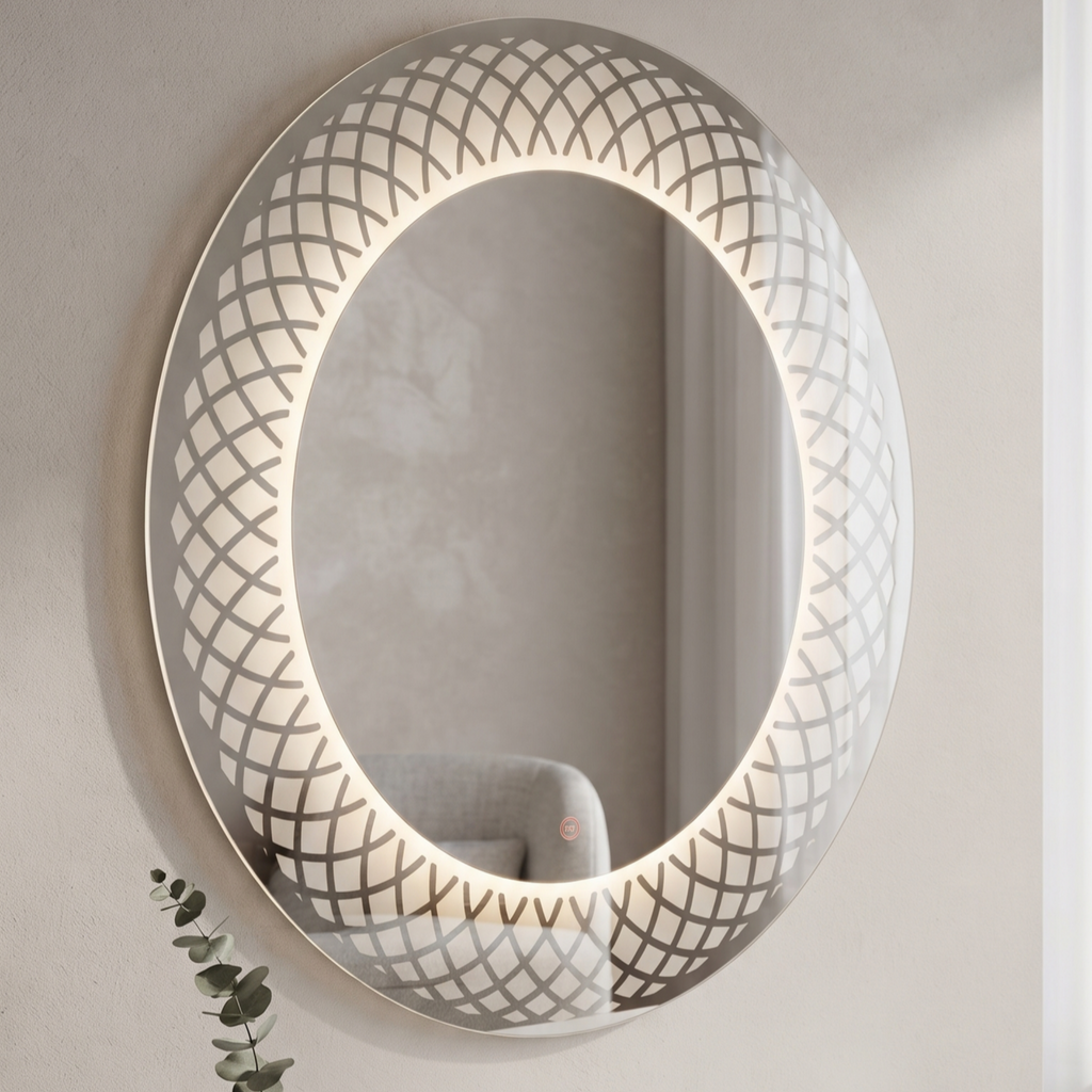 Circular Illuminated Mirror with Etched Lattice Pattern | LED Wall Mirror