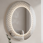 Circular Illuminated Mirror with Etched Lattice Pattern | LED Wall Mirror