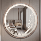 Round Framed LED Mirror with Etched Floral Design