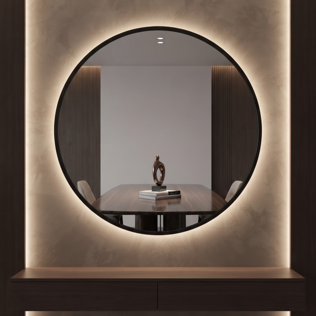 Round Framed LED Mirror with Backlit Illumination – Modern Interior Design