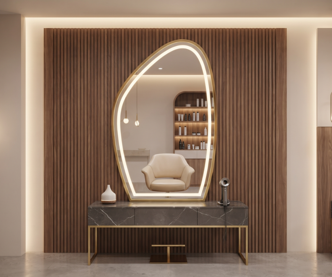 Modern Asymmetric Gold Framed LED Salon Mirror