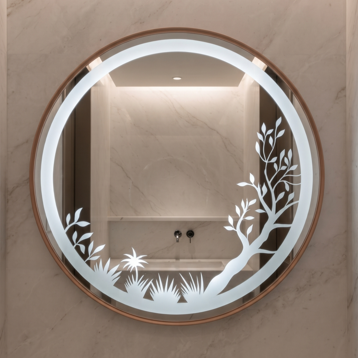 Round Framed LED Mirror with Etched Floral Design