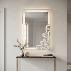 Elegant Framed LED Wall Mirror with Decorative Swirl Pattern