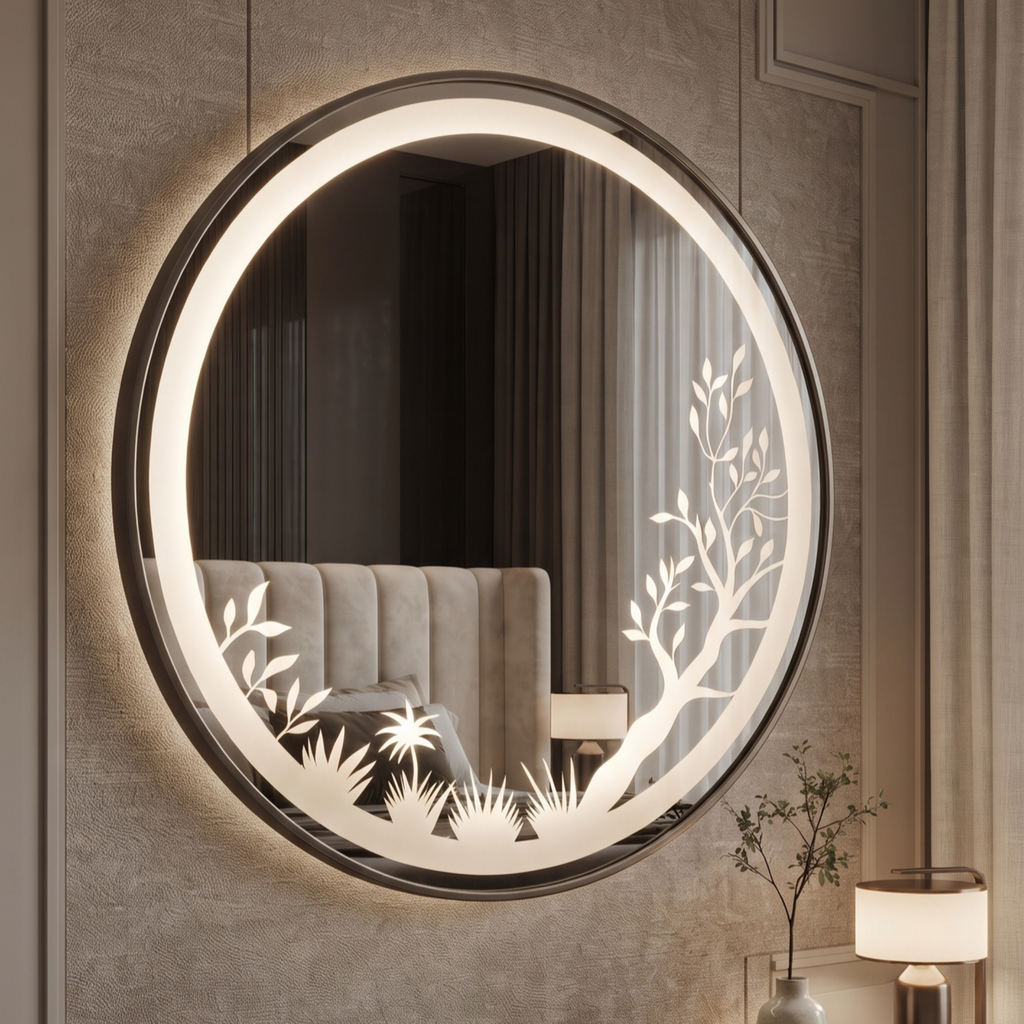 Round Framed LED Mirror with Etched Floral Design