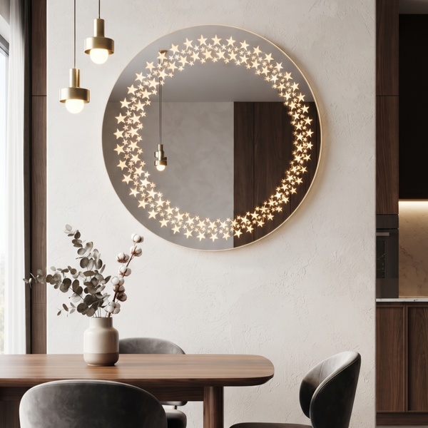 Starry Night Illuminated Round Wall Mirror | Decorative Frameless LED Mirror