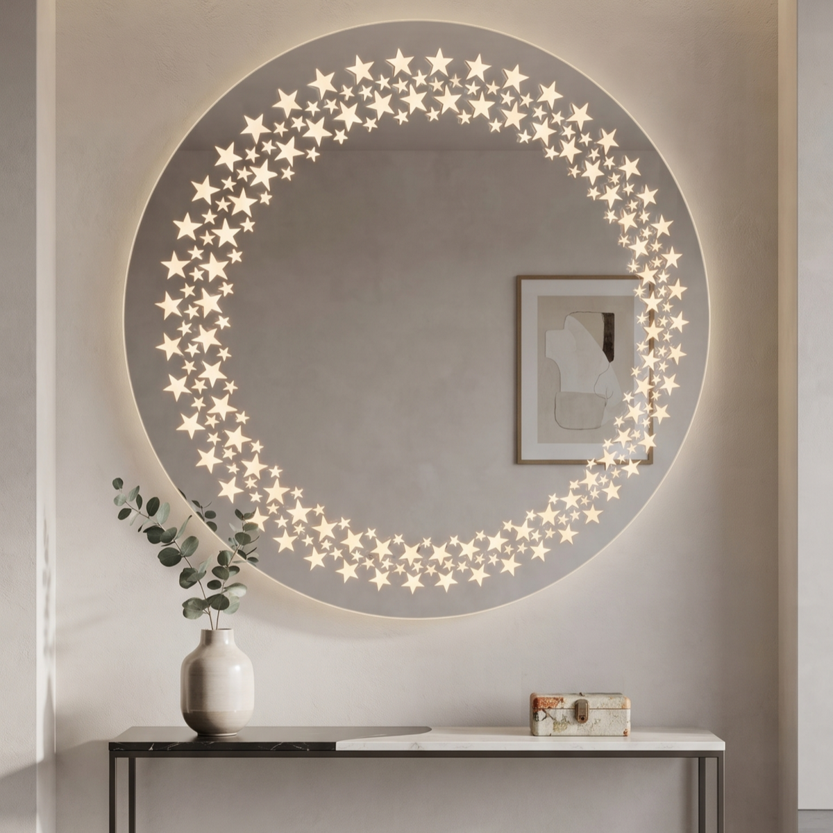 Starry Night Illuminated Round Wall Mirror | Decorative Frameless LED Mirror