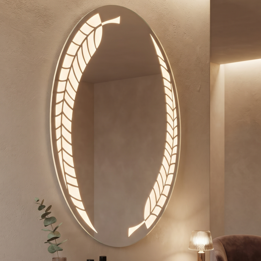 Oval Frameless LED Wall Mirror with Integrated Leaf Pattern Illumination | Illuminated Vanity & Bathroom Mirror
