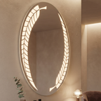 Oval Frameless LED Wall Mirror with Integrated Leaf Pattern Illumination | Illuminated Vanity & Bathroom Mirror