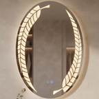 Oval Frameless LED Wall Mirror with Integrated Leaf Pattern Illumination | Illuminated Vanity & Bathroom Mirror