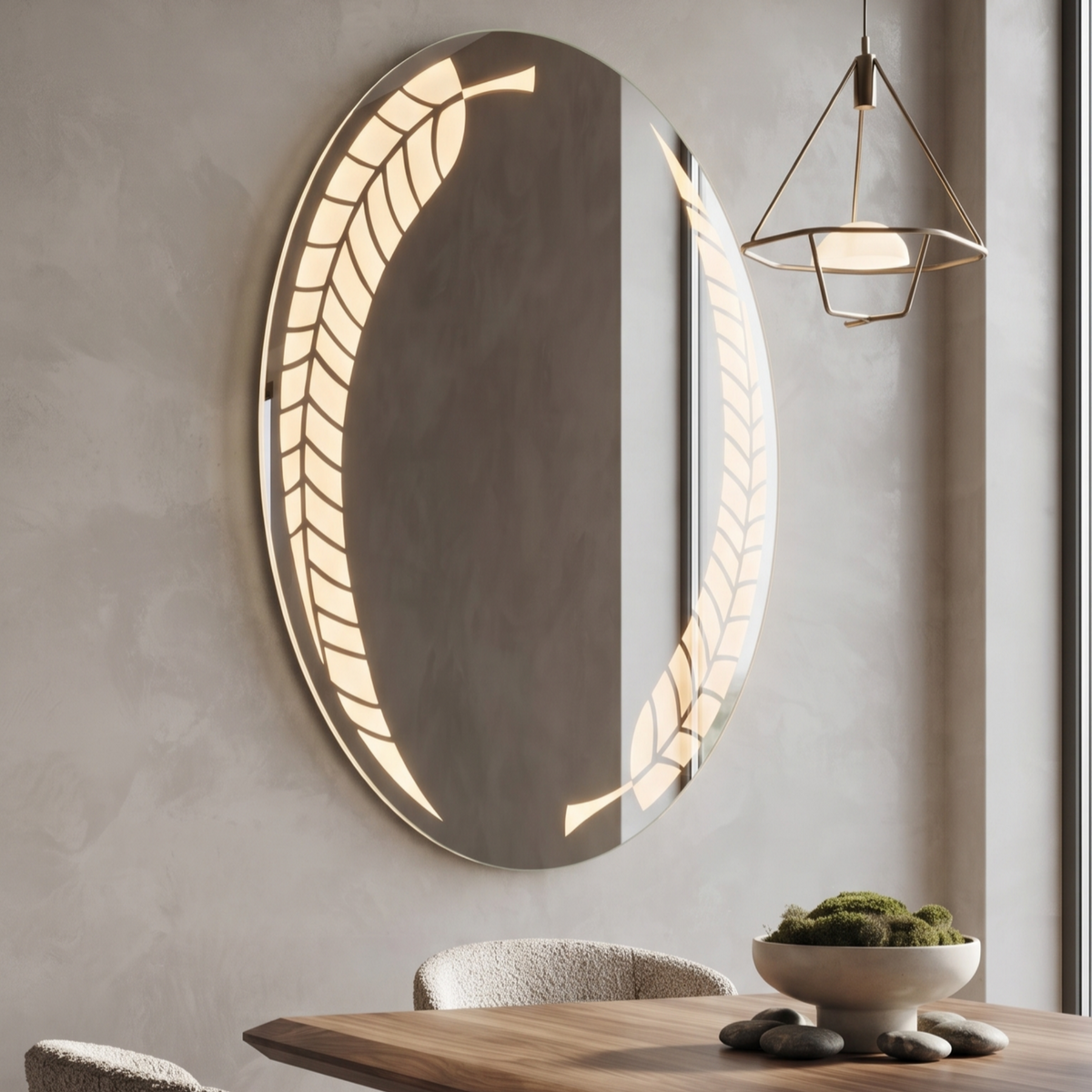 Oval Frameless LED Wall Mirror with Integrated Leaf Pattern Illumination | Illuminated Vanity & Bathroom Mirror