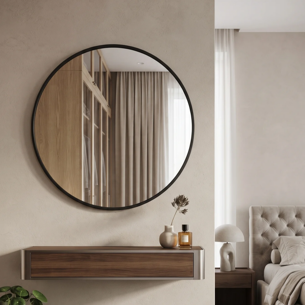 Modern Round Framed Wall Mirror | Minimalist Black Frame Decorative Mirror