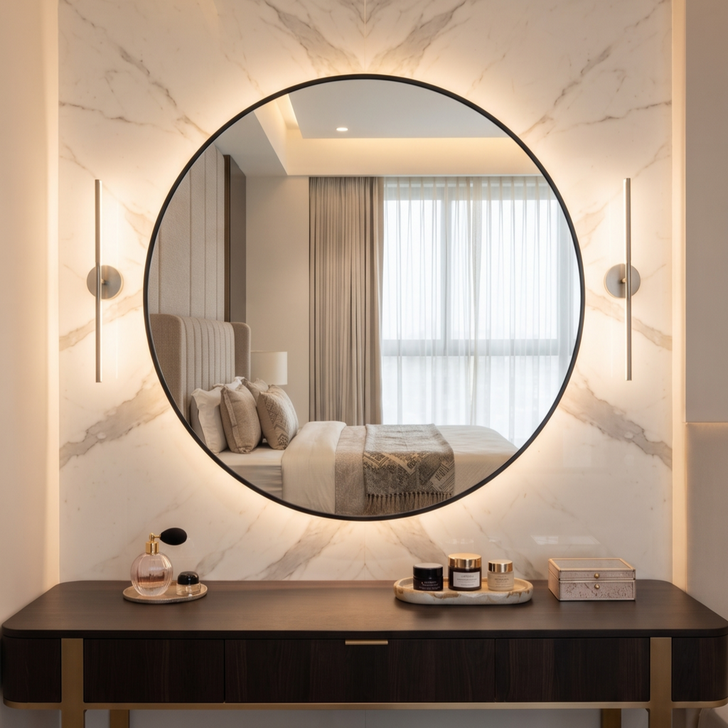 Round Framed LED Mirror with Backlit Illumination – Modern Interior Design