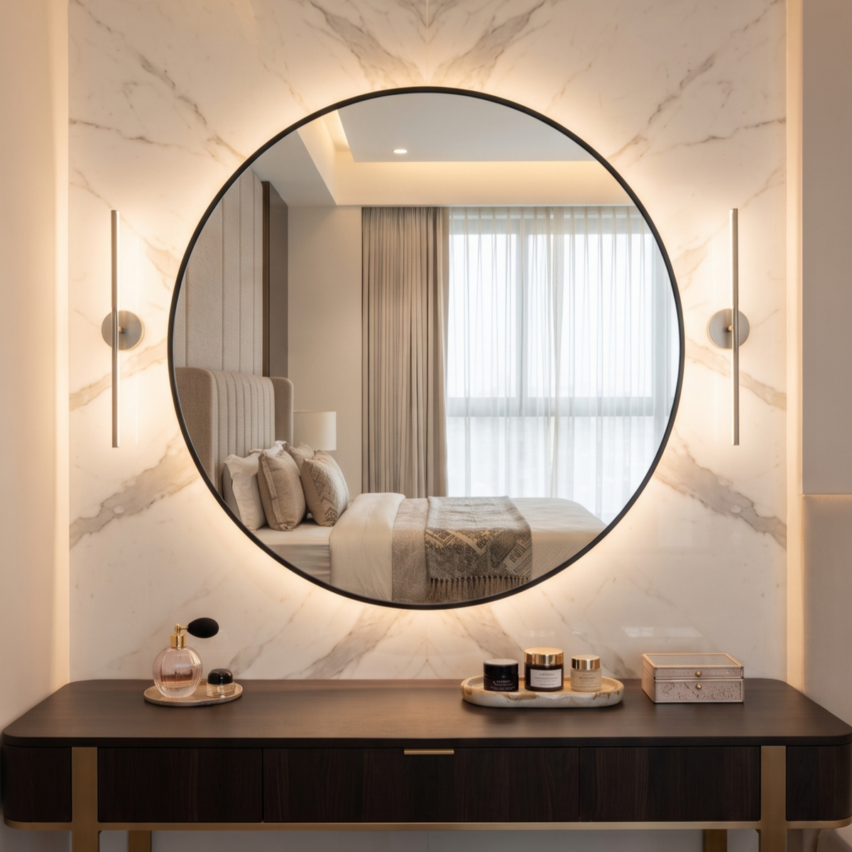 Round Framed LED Mirror with Backlit Illumination – Modern Interior Design