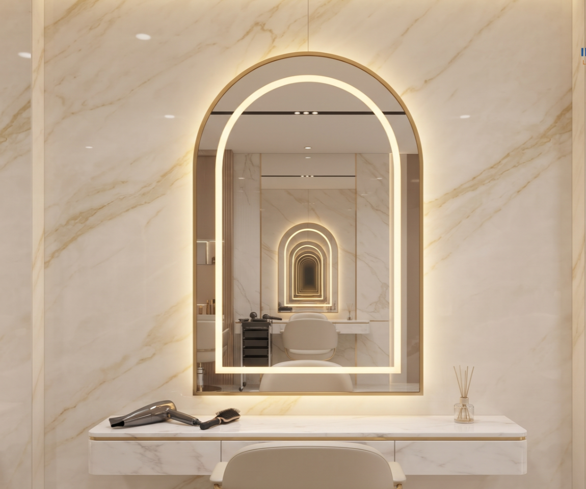 Arch Framed LED Wall Mirror with Metallic Gold Finish
