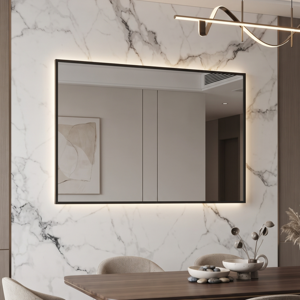 Rectangular Framed LED Mirror with Backlit Illumination – Modern Interior Design