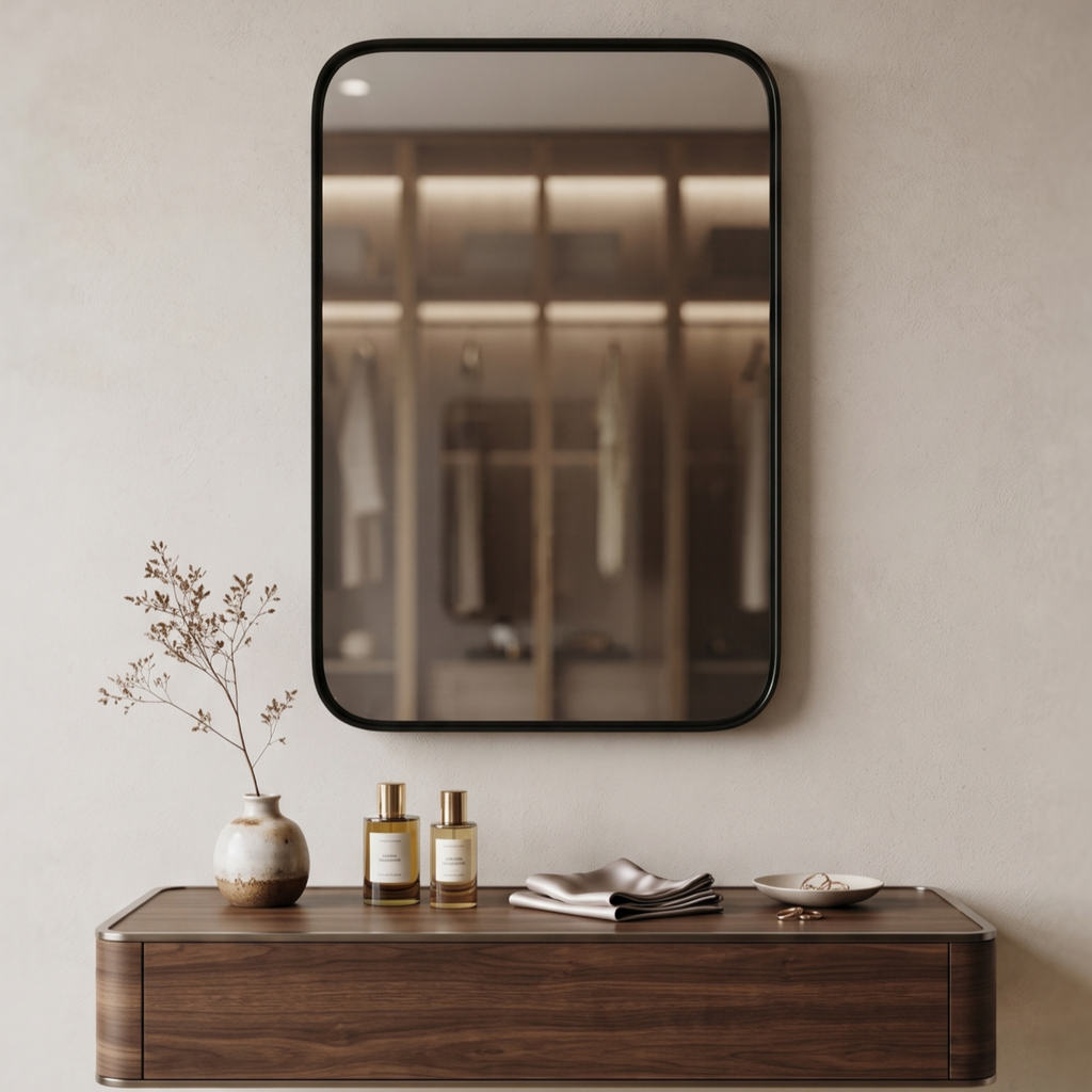 Modern Framed Wall Mirror | Rectangular Rounded Corner Decorative & Living Room Mirror