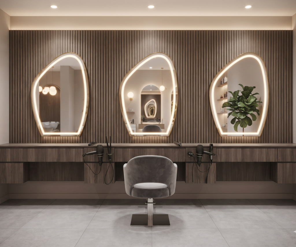 Modern Asymmetric Gold Framed LED Salon Mirror