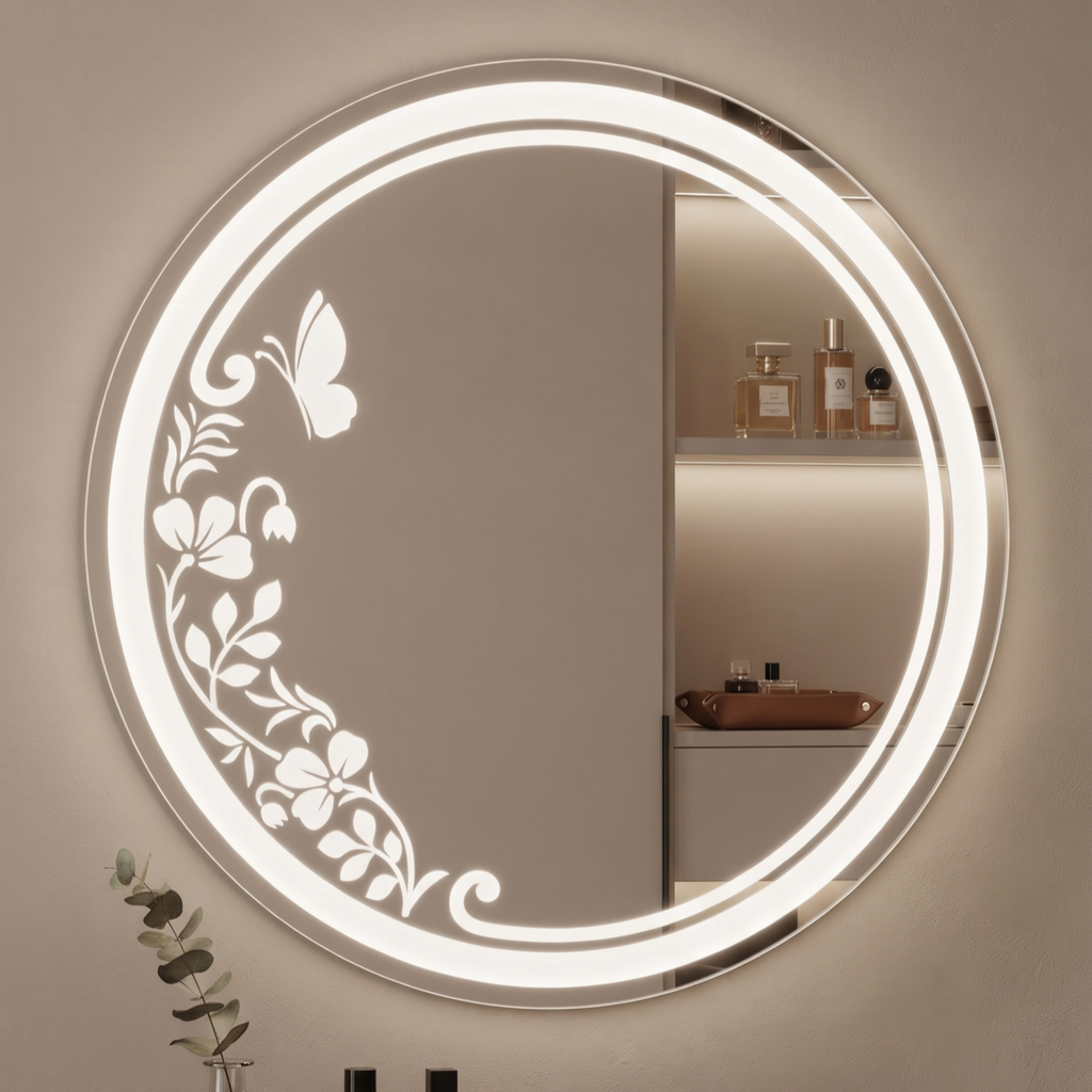 Decorative Round Frameless LED Wall Mirror with Floral & Butterfly Etching | Illuminated Vanity Mirror